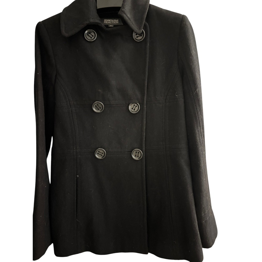 Kenneth Cole Reaction Womens Black Double Breasted Wool Blend Pea Coat Size 4